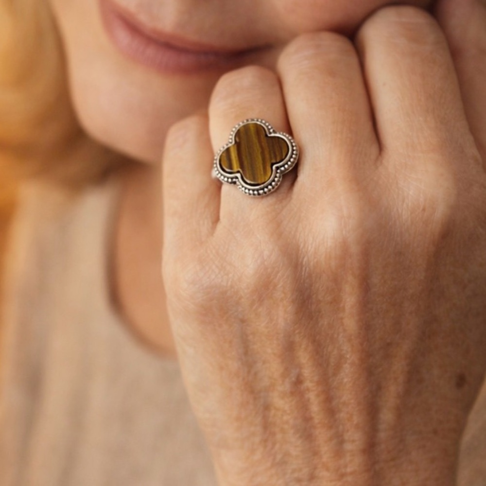 🔥Sale🔥Natural Tiger Eye Lucky Clover AdjustSilverCopper Ring MotivationWillpower
